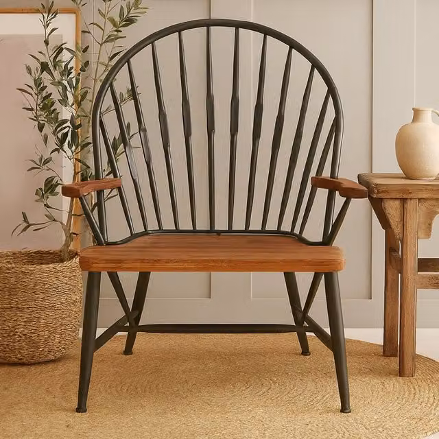 Orsina Industrial Walnut Wood and Metal Armchair in Brown