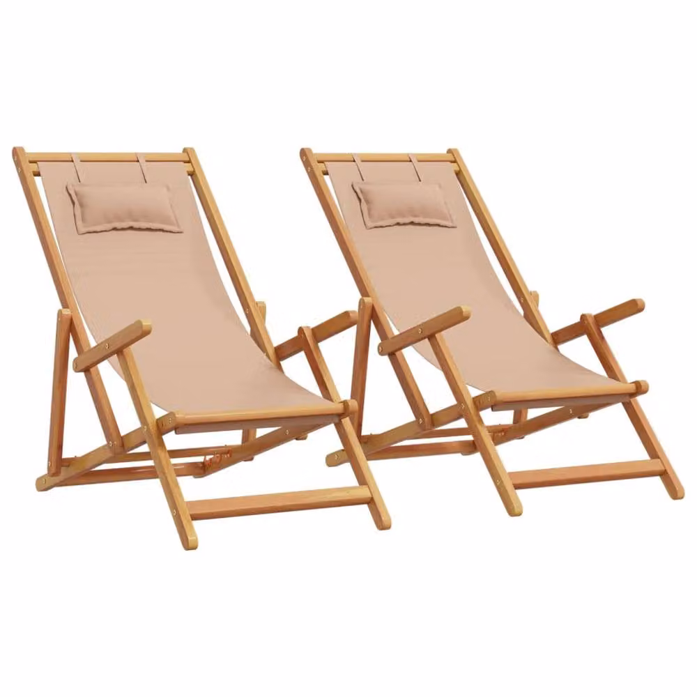 Berkfield Home Set of 2 Folding Beach Chairs in Taupe Fabric and Treated Hardwood – 2