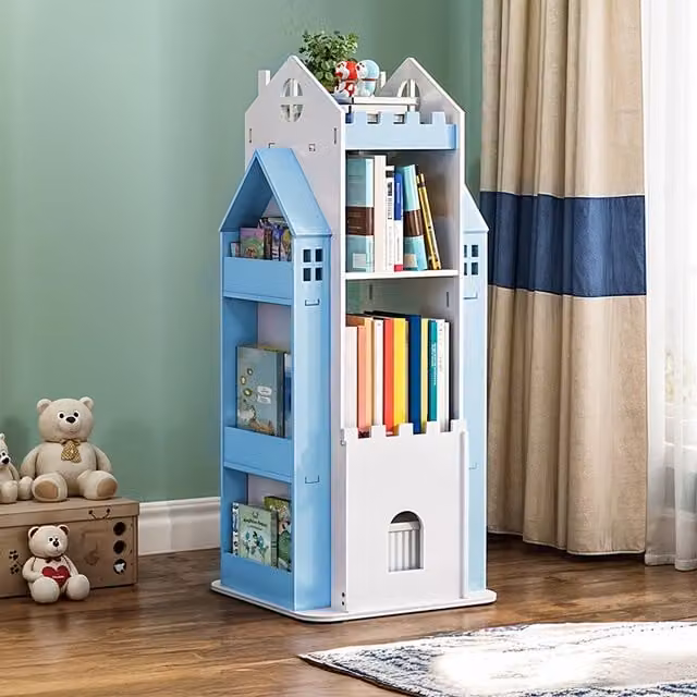 Livingandhome 4-Tier Castle-Style Rotating Childrens Bookcase in White and Blue
