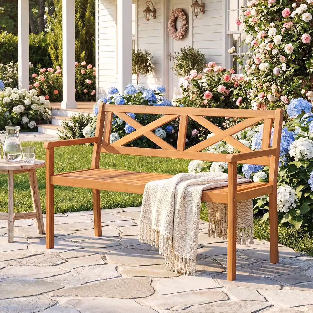 Costway Acacia Wood Outdoor Loveseat Bench for 2 People in Brown – 3