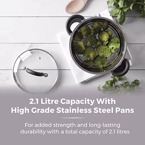 Tower T80836 3-Tier Stainless Steel Steamer with Tempered Glass Lid and Encapsulated Base, Silver – 2