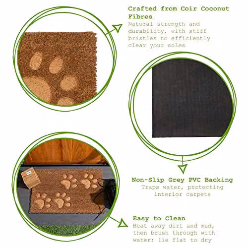 Nicola Spring Coir Door Mat with Embossed Paw Prints, Brown, W/D: 60 x 40 cm – 4