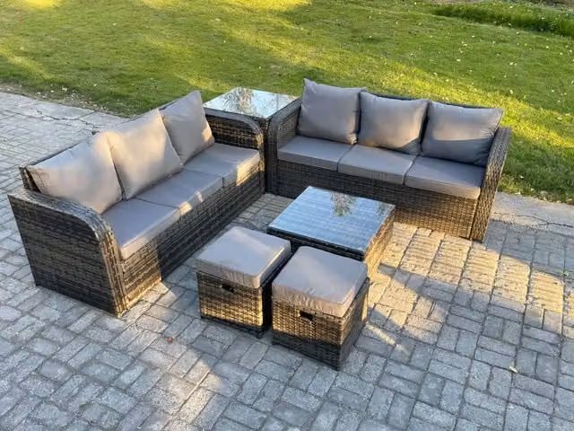 Fimous 8 Seater Rattan Garden Furniture Set with Grey Cushions, Table, Sofa, Chairs, Side Table and 2 Footstools
