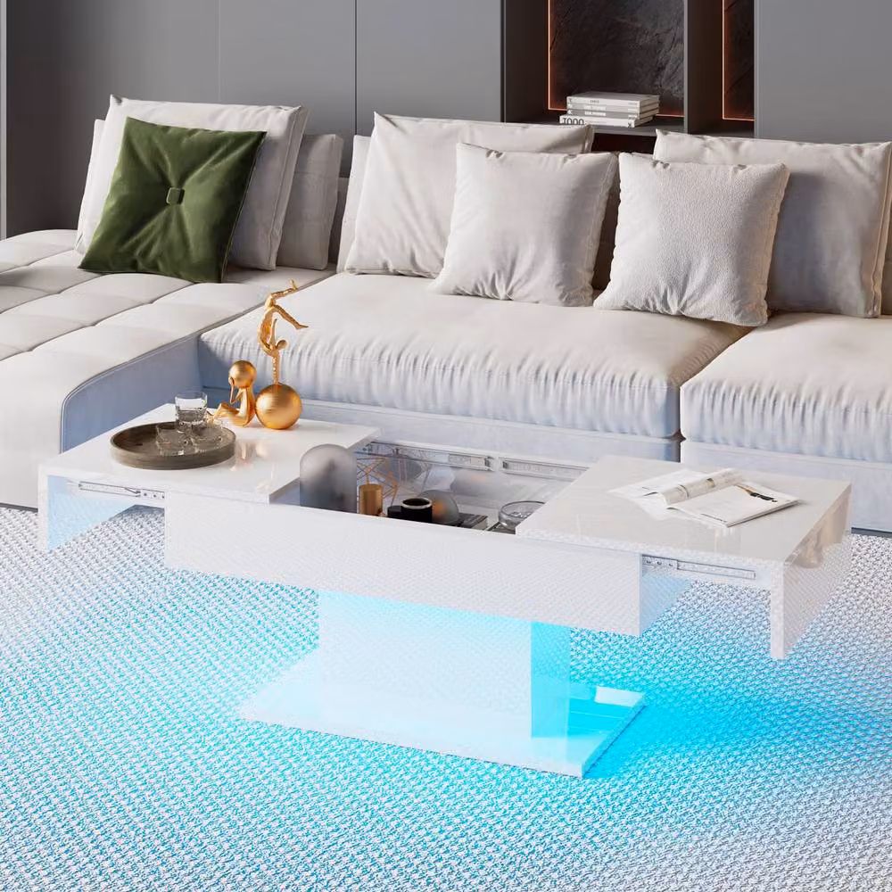 KEEPREAPER White High-Gloss Coffee Table with Sliding Top, Hidden Drawers and 16-Colour LED Lighting – 4