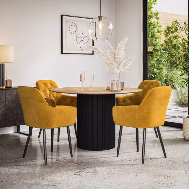 More4Homes Arlo Oak Round Dining Table with Black Legs and 4 Anika Mustard Velvet Dining Chairs Set, W: 120 cm, H: 75 cm