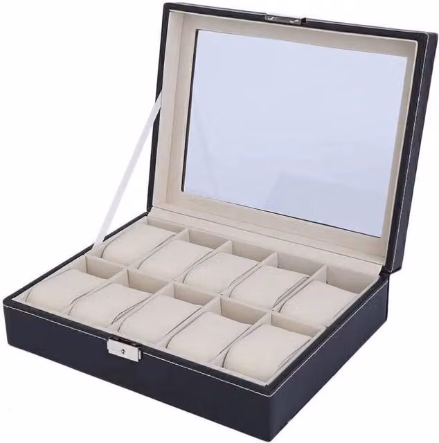 VOGREX 10 Grid PU Leather Watch Display Case in Black, W/D/H: 20.0 x 11.0 x 8.0 cm – 1