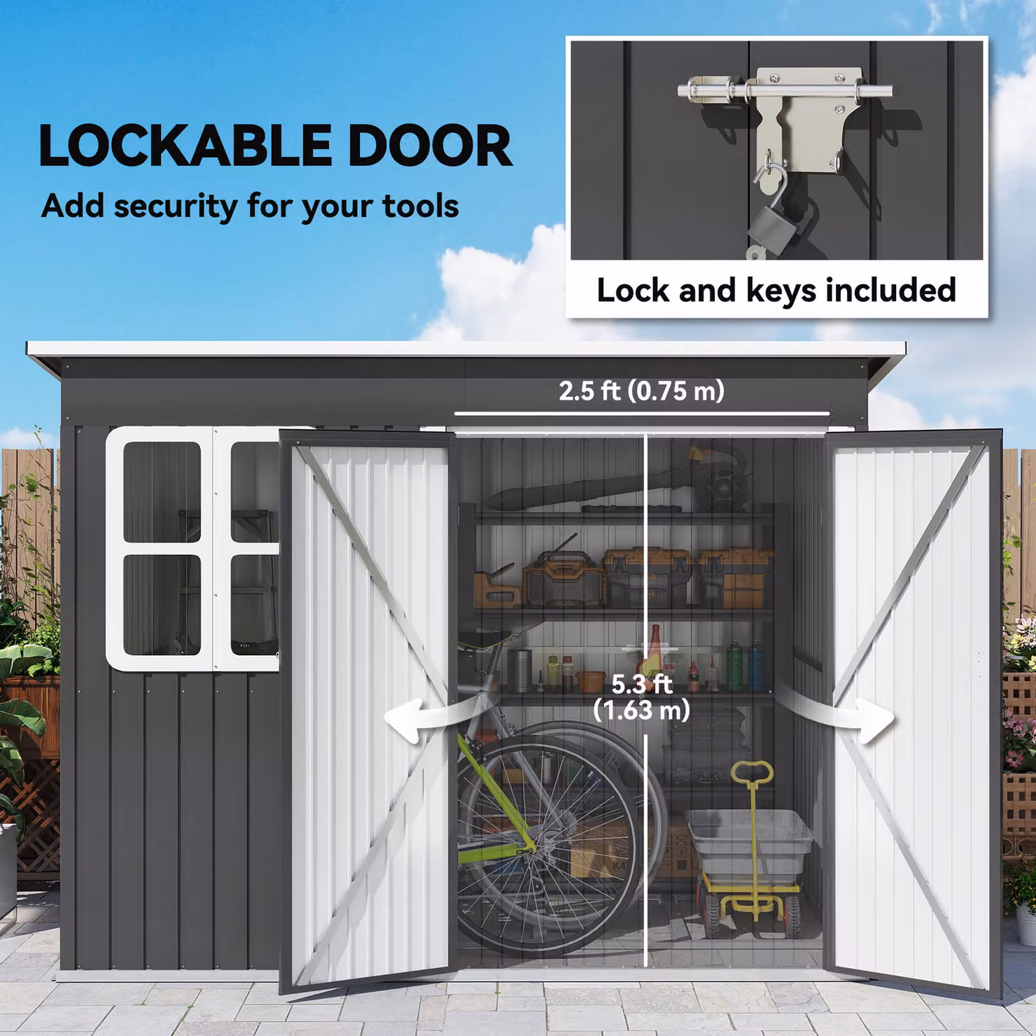 Outsunny Garden Storage Shed with Galvanised Steel Frame, Window and Lockable Double Doors, Dark Grey, W: 260 cm, D: 177 cm, H: 190 cm – 6