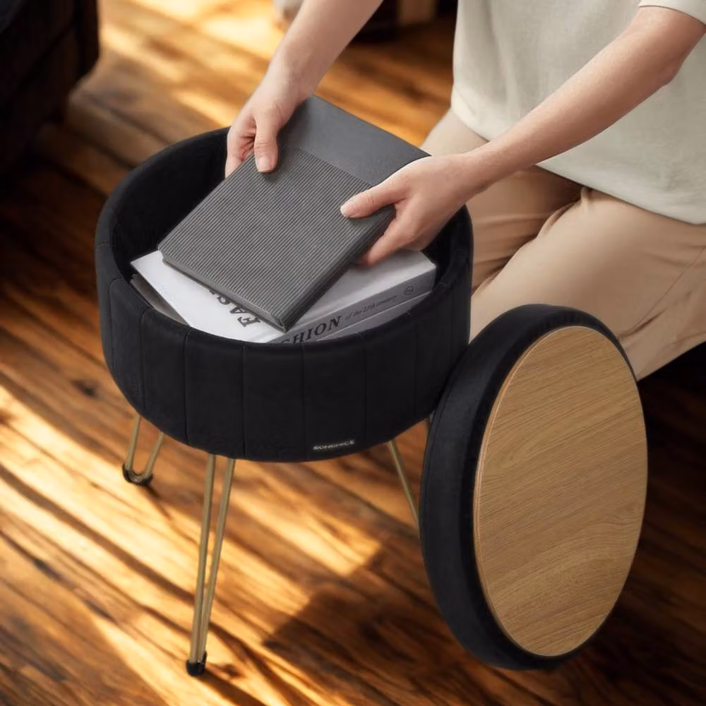 Pirlo Plush Velvet Round Ottoman Footstool with Storage in Black – 5