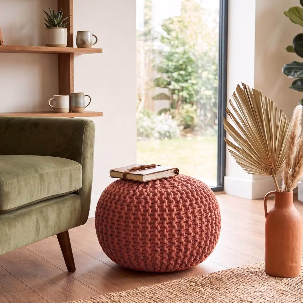 Bravich LTD Chunky Knitted Cotton Round Pouffe Footstool in Pink, Diameter: 50 cm – 3