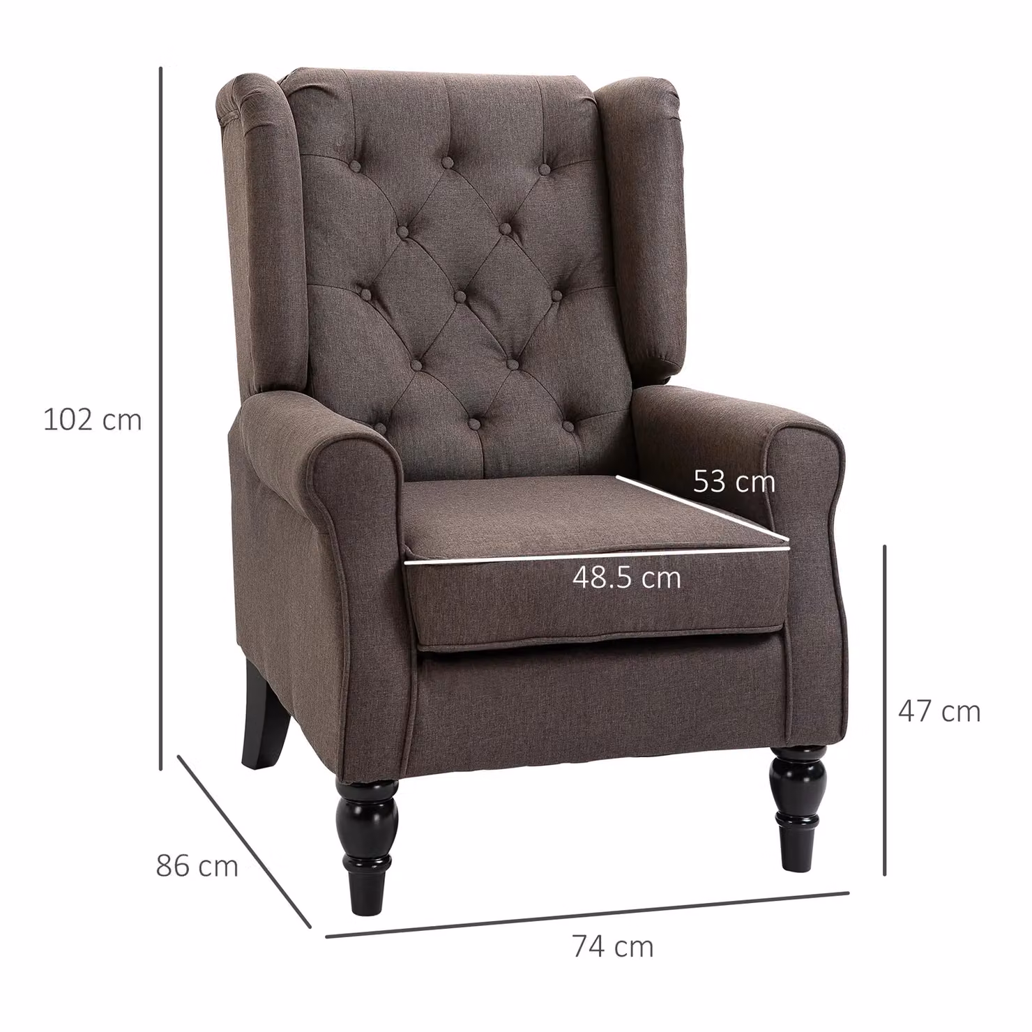 HOMCOM Vintage Brown Fabric Wingback Accent Armchair with Solid Wood Frame – 2
