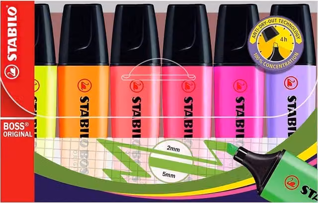 STABILO BOSS ORIGINAL Chisel Tip Highlighters, Multicolour, Pack of 6