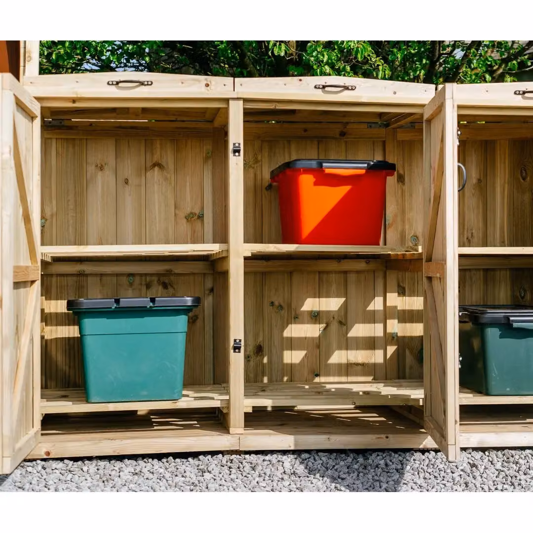 Buttercup Farm Chatburn Brown Wooden Bin Store with Shelving, Fits 1x 180L/240L Wheelie Bins and 6x Boxes, W/D/H: 120 x 80.4 x 123 cm – 4