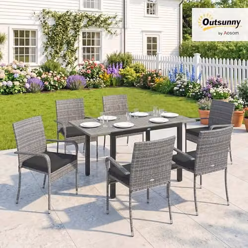 Outsunny 7 Piece Rattan Garden Furniture Set with Acacia Wood in Grey – 2