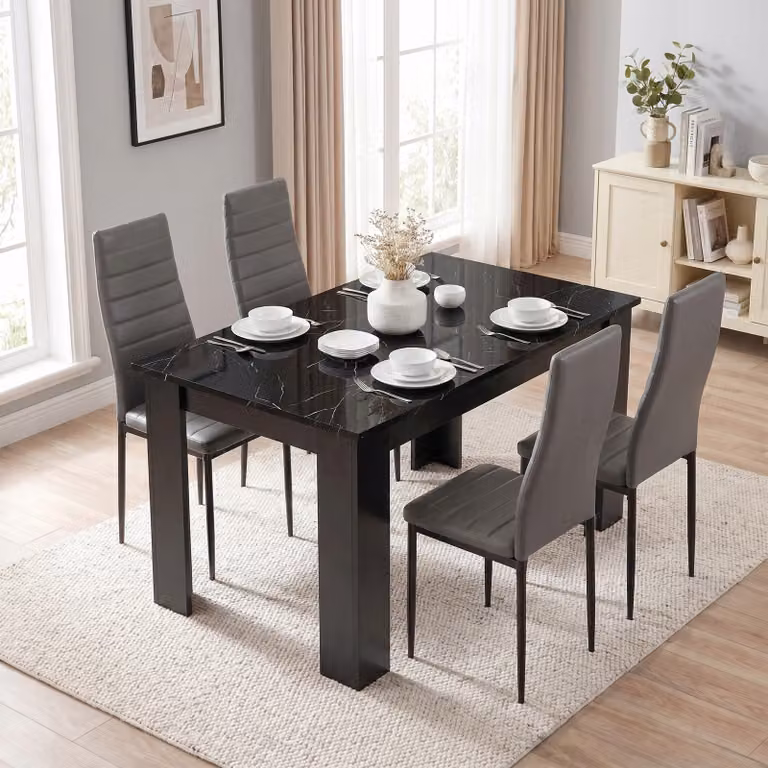 DHS Modern Glossy Black Marble Finish Rectangular Dining Table and Chairs Set with Grey Abstract Pattern