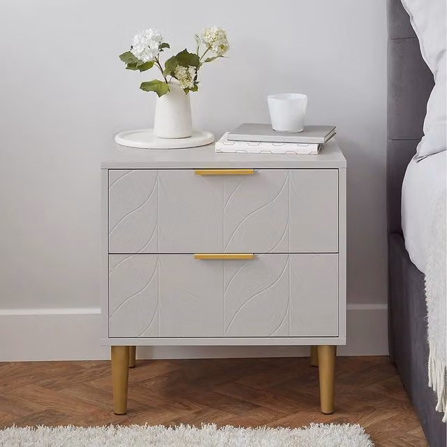 Home Stuff Plus Compact Bedside Table with Two Drawers and Metal Legs in Light Grey