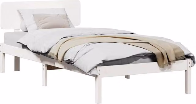 Berkfield Home White Solid Pine Wood Bed Frame with Headboard W/D/H: 90 x 200 cm