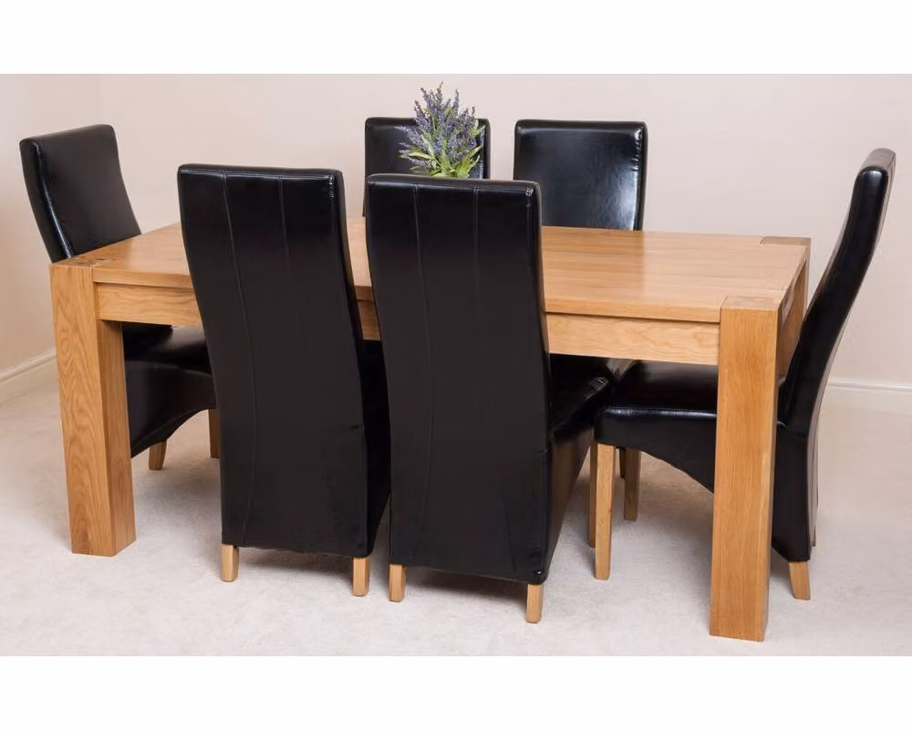 Thats Furniture Kuba Oak Dining Table and 6 Lola Black Leather Chairs Set, W: 150 cm, D: 85 cm, H: 78 cm – 5