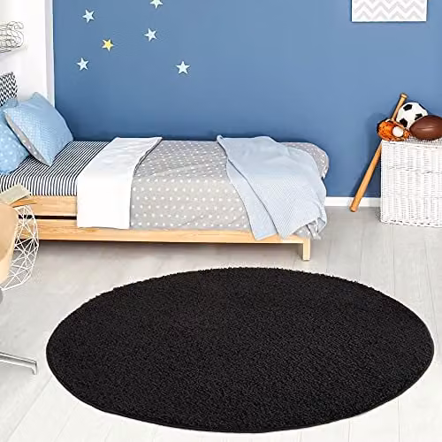 THE RUGS Black Plain Shaggy Round Rug, Diameter: 120 cm