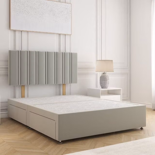 BSSPOKE Sienna King Size Divan Bed with 24 inch Plush Headboard and 2 Drawers in Silver Velvet Fabric, W/D/H: 180 x 200 x 30.48 cm
