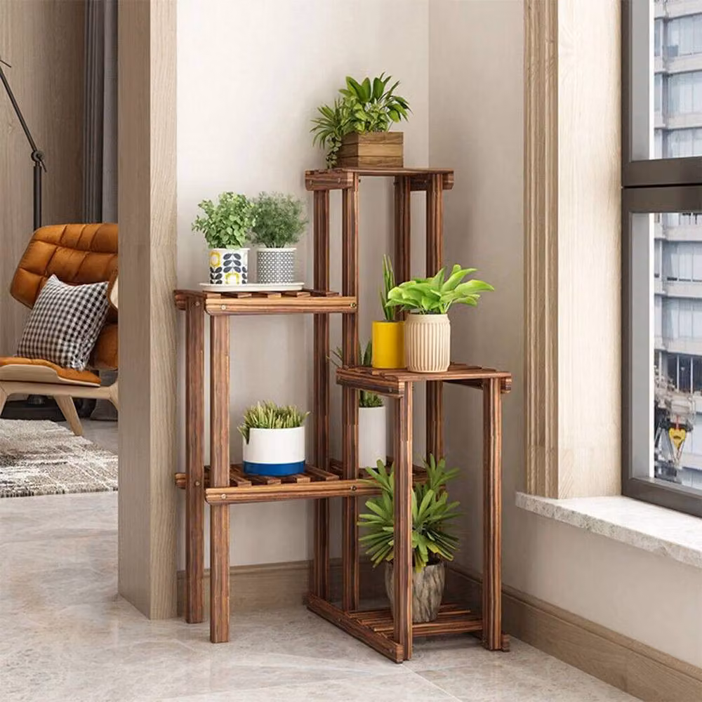NESTLUNE 6-Tier Modern Corner Flower Planter Pot Stand in Brown Carbon Wood, W: 100 cm, D: 100 cm – 3
