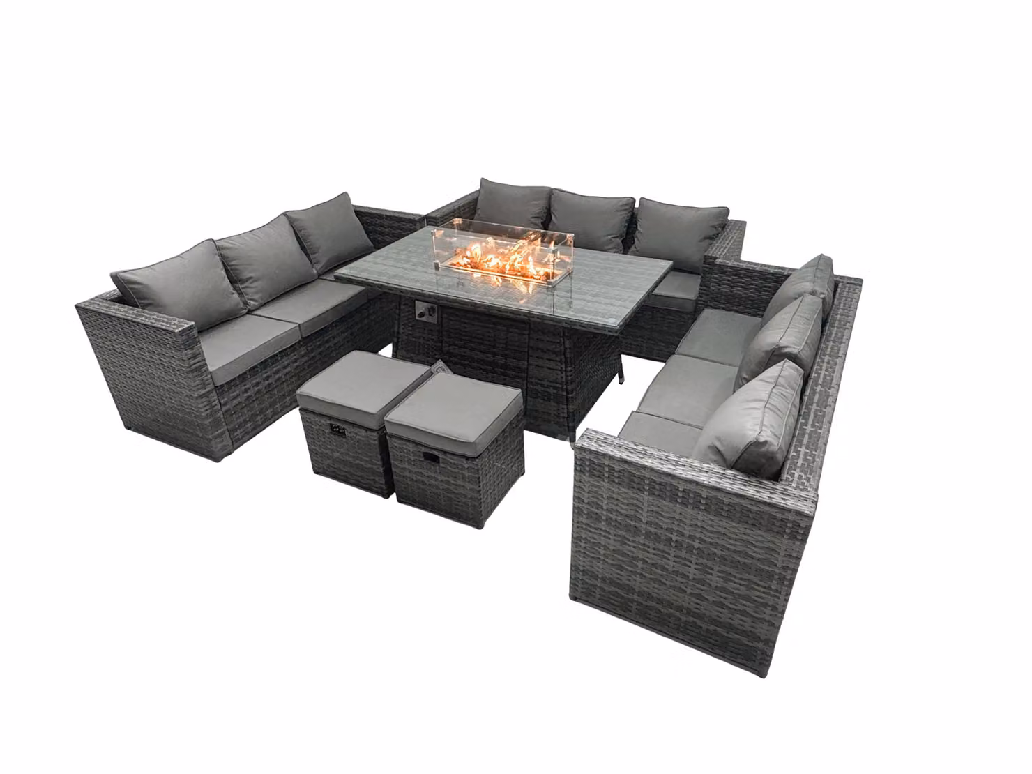 Fimous 11 Seater Outdoor Rattan Lounge Sofa Set with Gas Firepit and Dining Table in Dark Grey – 2