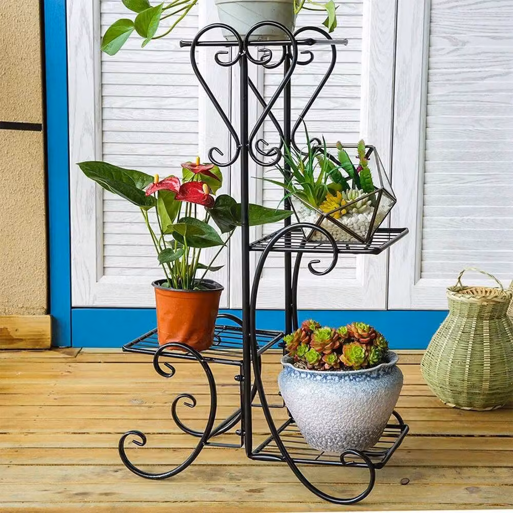 KORVIXA Black Metal Plant Pot Shelving with Adjustable Shelves, H 80 x W 52 x D 25 cm – 2