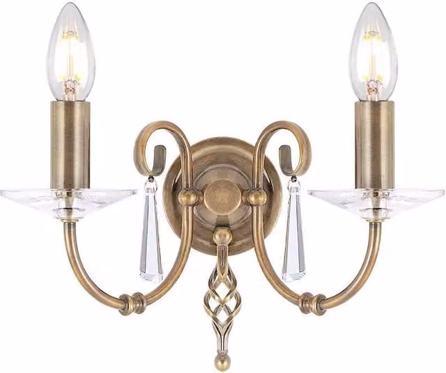 Netlighting Aegean 2 Light Indoor Candle Wall Light in Aged Brass and Yellow Glass with E14 Base