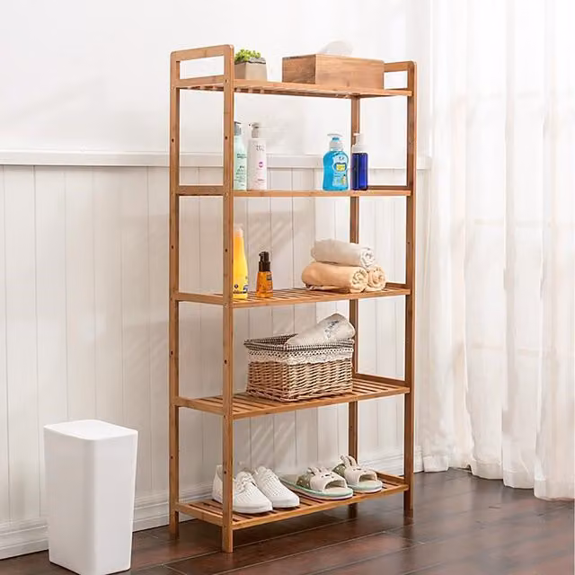 Livingandhome Rustic Brown Tiered Bamboo Wood Book Storage Shelf, W: 128 cm, D: 25 cm, H: 50 cm