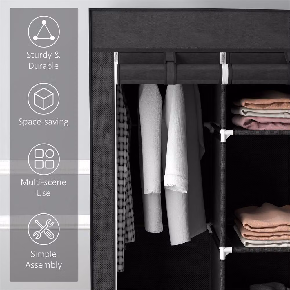 Kelvenix Black Fabric Wardrobe with 5 Shelves and Hanging Rod – 4