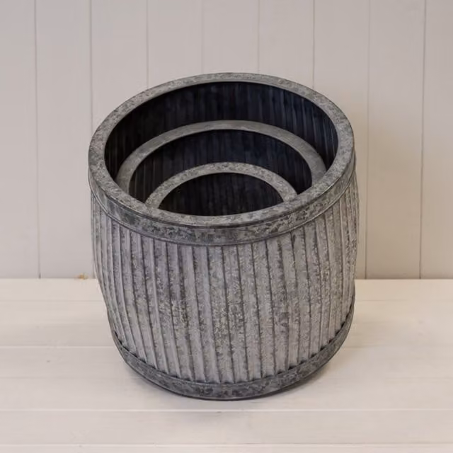 Set of 3 Grey Round Ribbed Metal Tabletop Planters