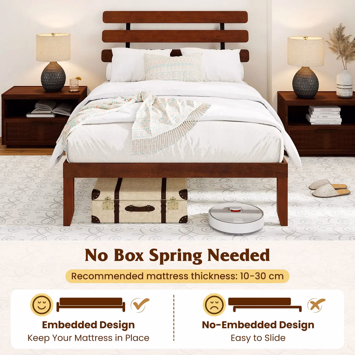 Costway Double Size Solid Wood Platform Bed Frame with Headboard in Brown, 140 x 200 cm – 6