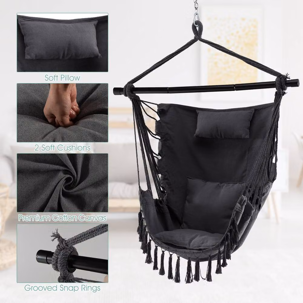 Gymax Egg Hammock Swing Chair with Metal Frame and Soft Cushions in Grey – 3