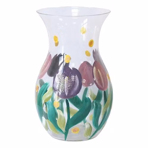 Lesser & Pavey Hand Painted Glass Lynsey Johnstone Tulips Floral Vase in Multicolour and Pink, H 17.0 cm x W 11.0 cm x D 11.0 cm