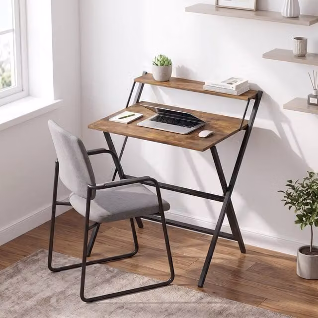 STILVORA Folding Computer Desk with Monitor Shelf in Rustic Brown – 1