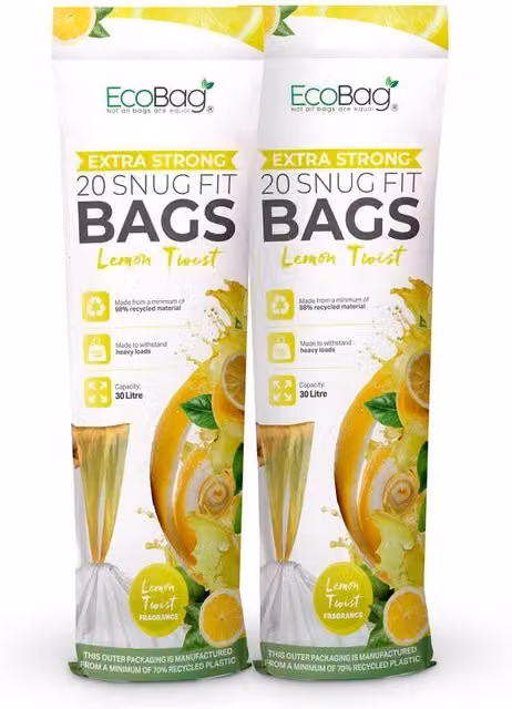 EcoBag White Lemon Scented Kitchen Drawstring Bin Liners, 30L, 40 Pack