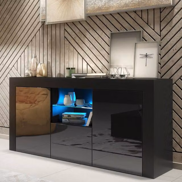 Mex Furniture LTD Aurora Sideboard in Black with Glossy Doors and Integrated LED Lighting, W: 145 cm, H: 70 cm, D: 35 cm – 1