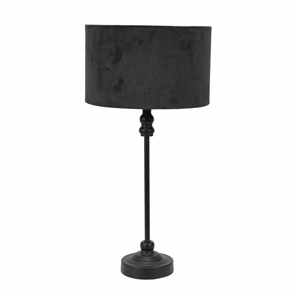 ValueLights Maggie Black Metal Candlestick Table Lamp with Black Velvet Drum Shade and LED Bulb – 2