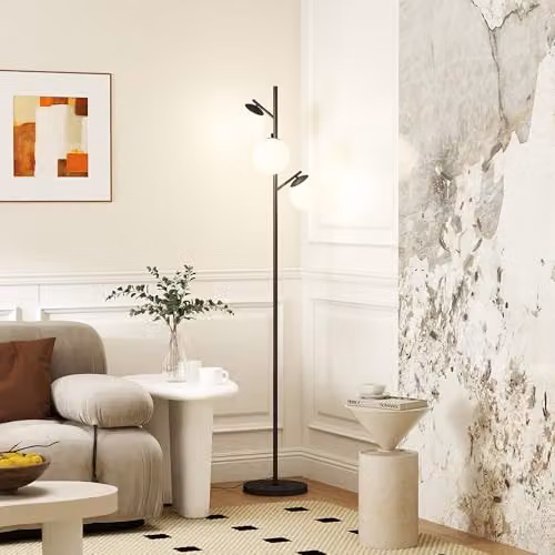 HOMCOM Modern 3-Light Tree Floor Lamp with Black Metal Base and White Glass Sphere Shades