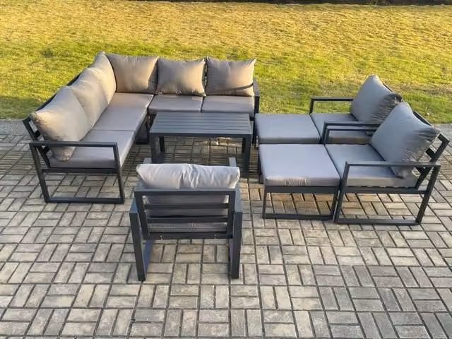 Fimous 10 Seater Aluminium Outdoor Garden Furniture Set in Dark Grey with L-Shape Sofa, Oblong Coffee Table and 2 Ottomans