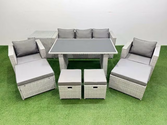 Fimous Modern Patio Garden Furniture Set with Black Glass Top Dining Table and Light Grey Armchairs