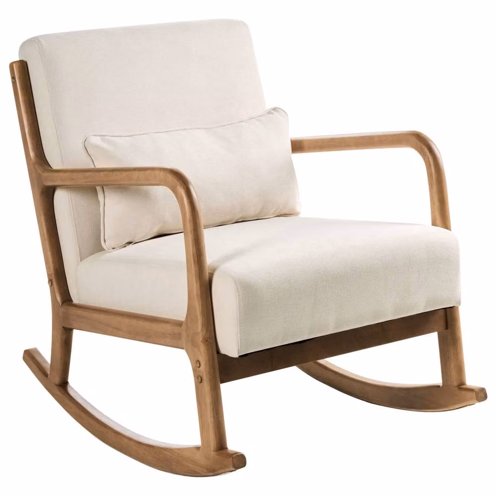 Wyld and Coco Heritage Rocking Chair in Beige Fabric with Rubberwood Legs and Armrests – 2