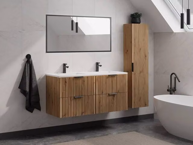 Vente-unique Ribbed Suspended Bathroom Vanity Unit with Inset Basin and Column in Light Oak – 1