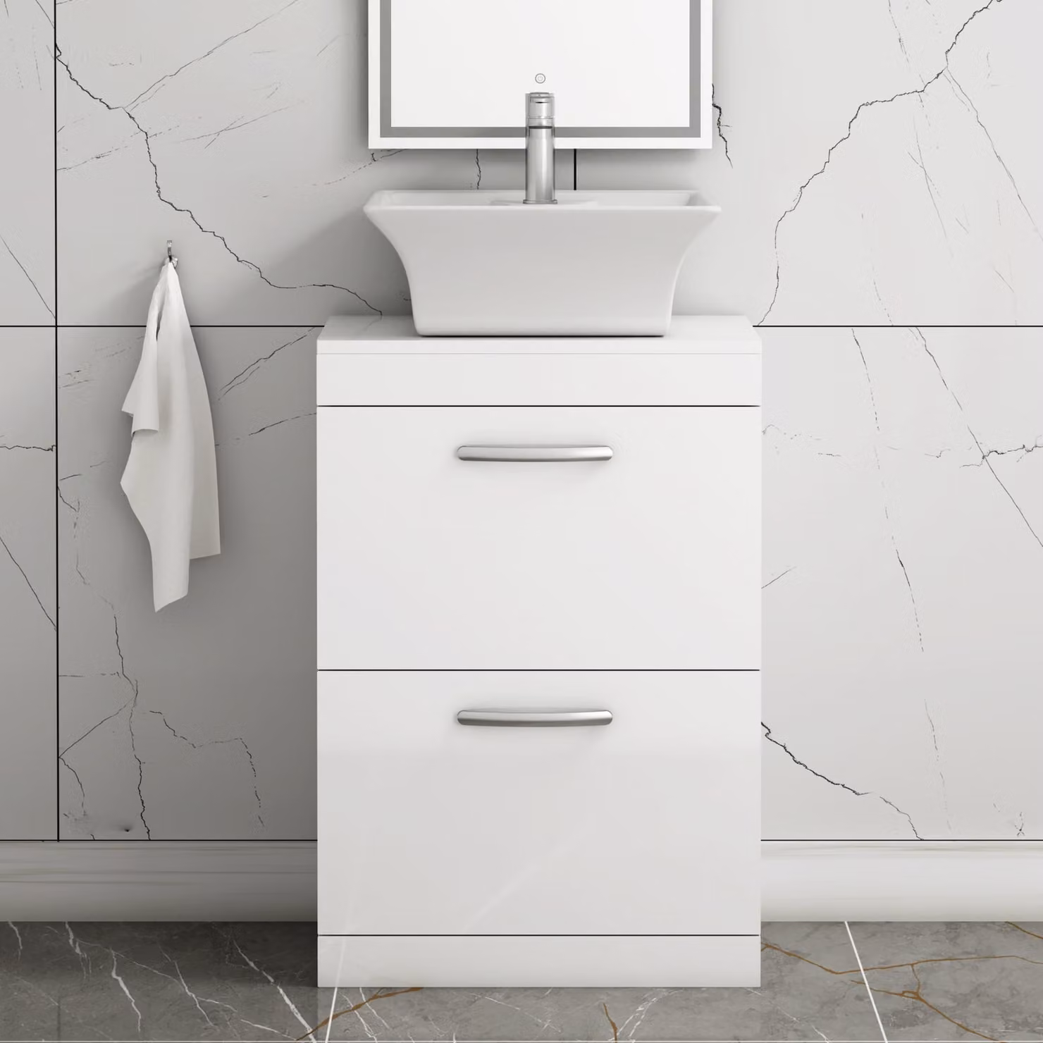 Royal Bathrooms Turin 600mm Floor Standing 2 Drawer Gloss White Vanity Unit
