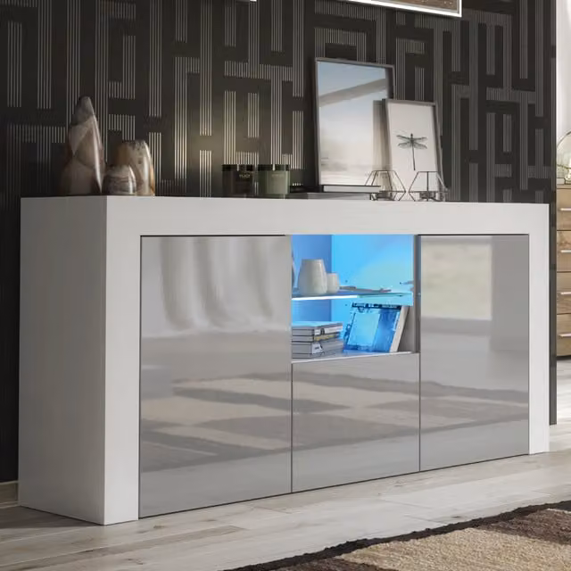 Creative Furniture Aurora Modern Sideboard in White and Grey with Integrated Lighting, W: 145 cm, H: 70 cm, D: 35 cm