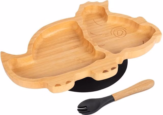 Tiny Dining Bamboo Dinosaur Baby Weaning Plate and Fork Set in Black and Brown