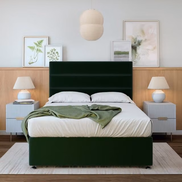 Rest Relax Sleep Super King Plush Velvet Divan Bed with Strutted Headboard and 4 Drawers in Green, W: 180 cm, D: 200 cm