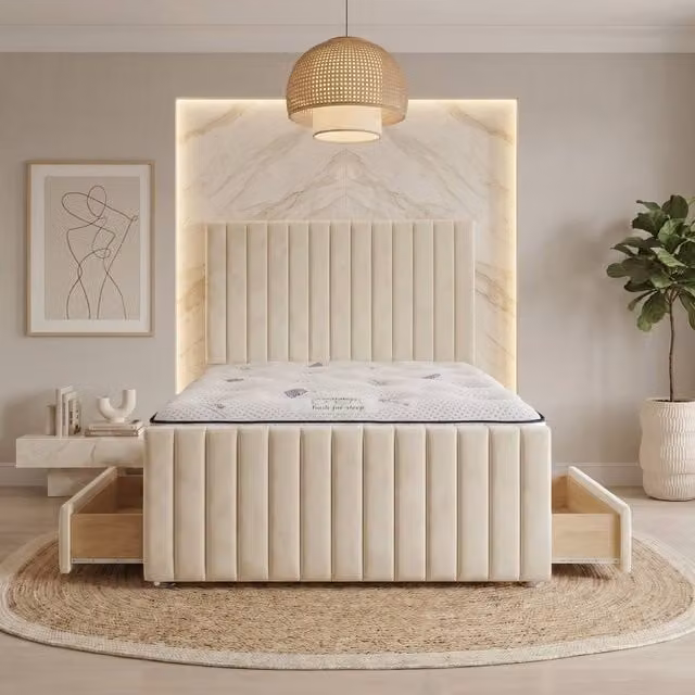 Somnior Eleanor Velvet Divan Bed with 4 Drawers and Hybrid Mattress in Ivory, Super King, W/D/H: 200 x 162.56 x 25 cm