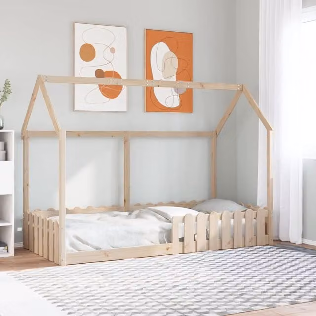 Berkfield Home Kids House Bed Frame in Brown Solid Pine Wood, W/D/H: 90 x 190 cm