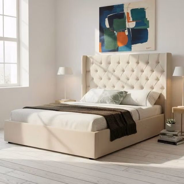 OAT Home Beige Upholstered Chesterfield Ottoman Storage Bed W/D/H: 180 x 200 cm