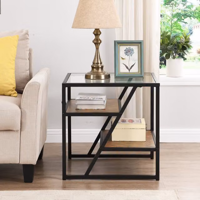 Artemis Home Cascade Square Side Table with Transparent Glass Top and Brown Wood Base
